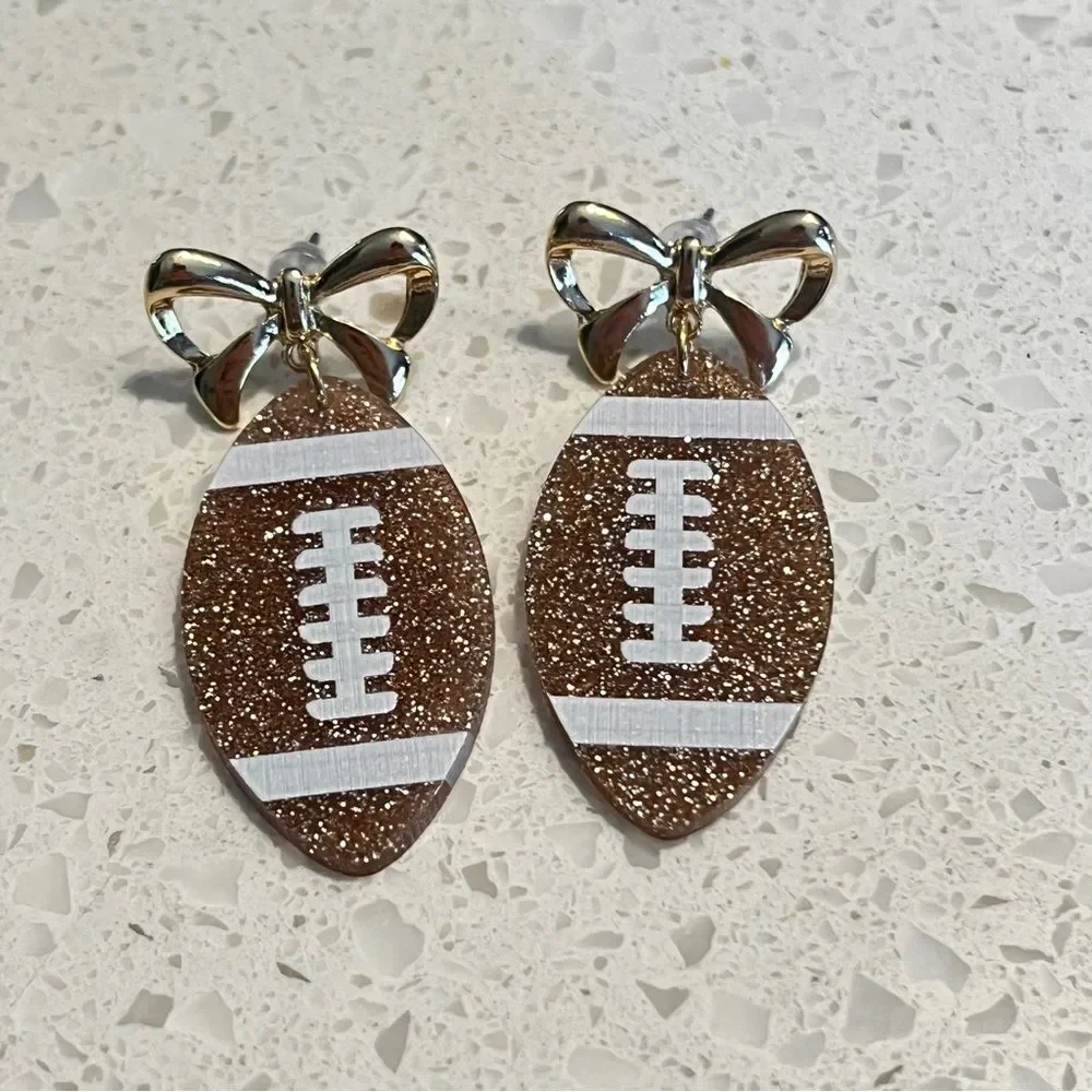 Gold Glitter Football Earrings‎ with bow